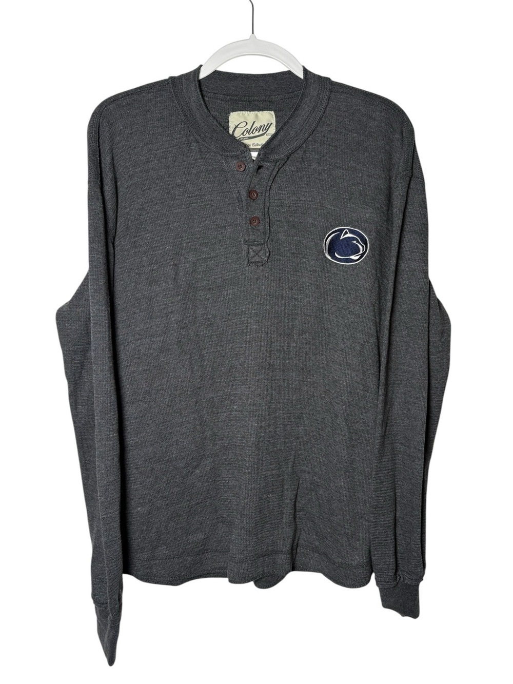 Colony Penn State Waffle Knit Henley Long Sleeve Gray Large Vintage Style